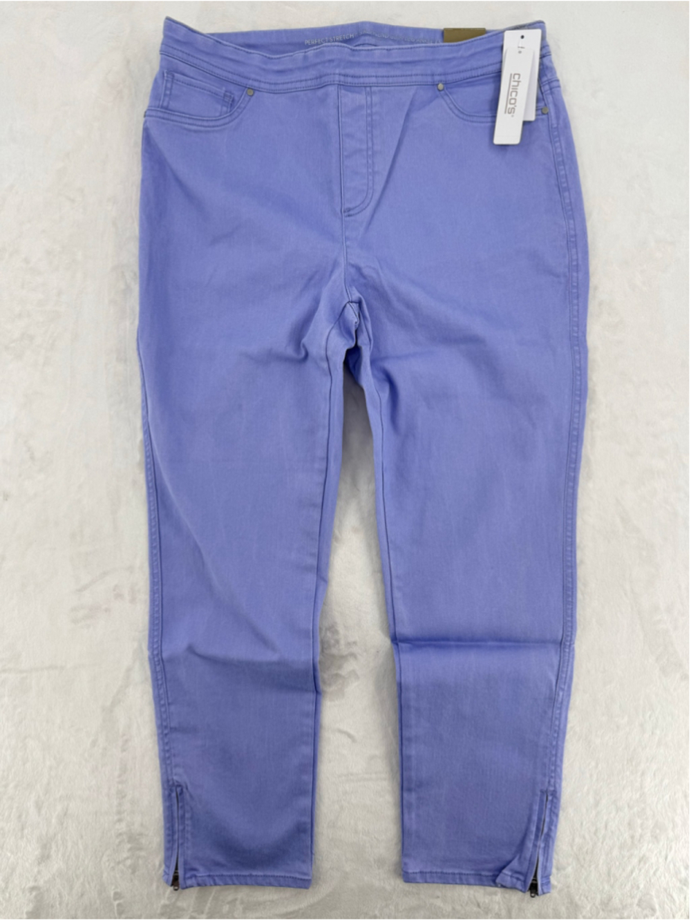 Chico's Lavender Pull On Jeans Zipper Hems Perfect Stretch Girlfriend Ankle 1.5
